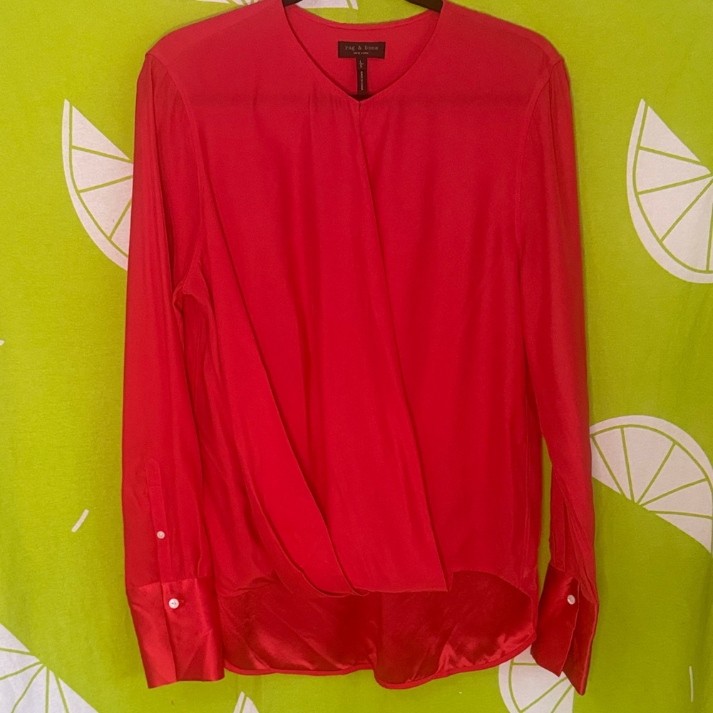 rag & bone Bright Red Draped Front Long-Sleeve Blouse Large
